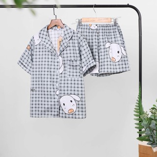 Bộ pijama thô Hàn xám caro thỏ tay ngắn quần ngắn