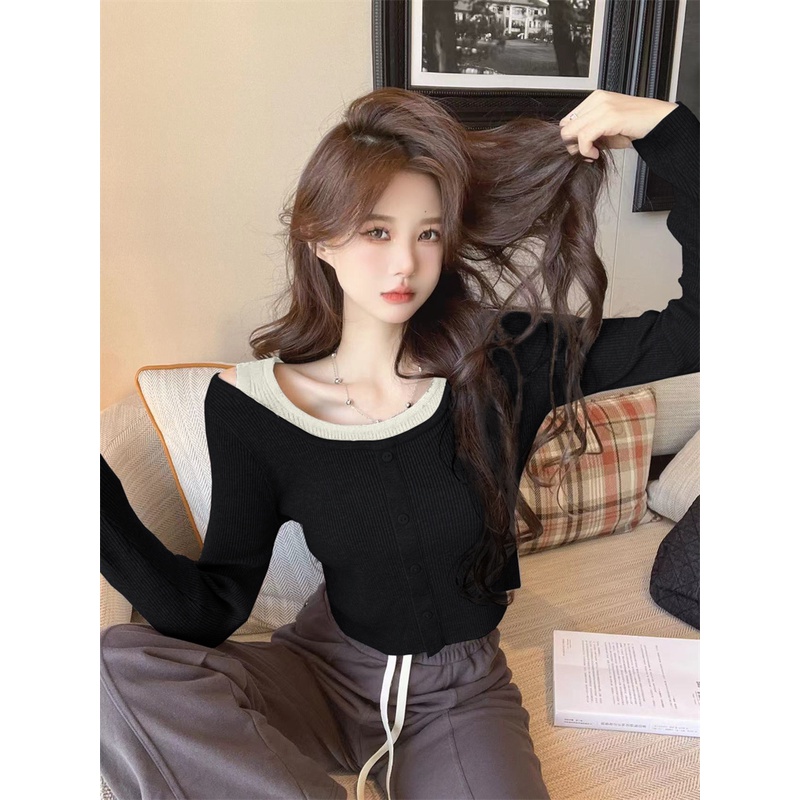 ZHELIHANGFEI Áo len dệt kim nữ dài tay hai mảnh có cổ cao thon gọn tất cả các chốt gợi cảm