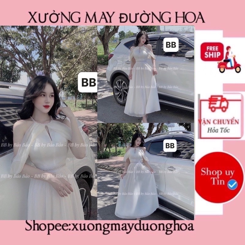 Đầm tơ rớt vai đính ngọc Xưởng May Đường Hoa dự tiệc siêu xinh