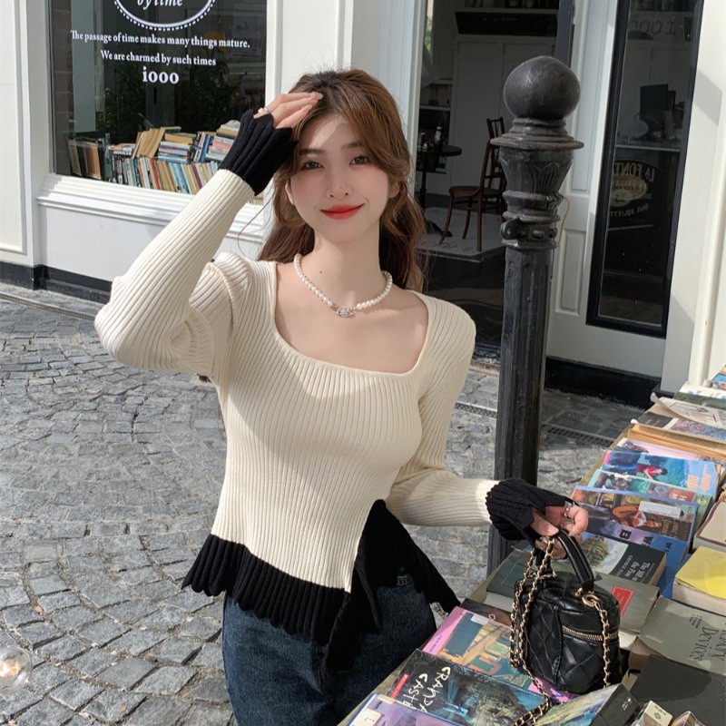 Áo Sweater Dệt Kim Tay Dài Cổ Vuông Phối Bèo Dễ Thương Cho Nữ