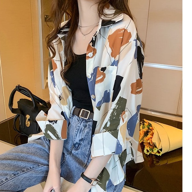 ZHELIHANGFEI Áo Sơ Mi Tay Dài Dáng Rộng In Họa Tiết Độc Đáo Thời Trang Mùa Thu Cho Nữ