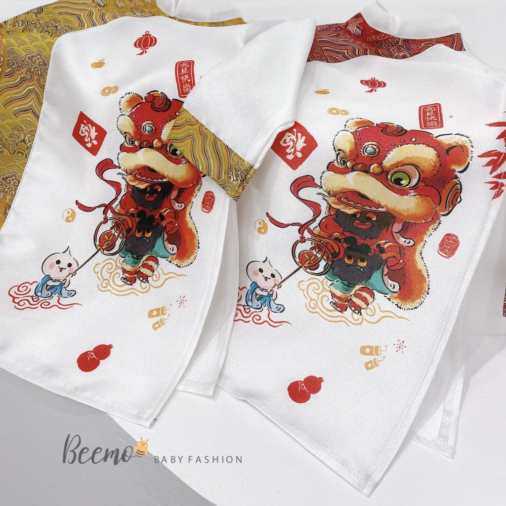 Set Áo Dài Bé Trai Phối Gấm In Hình Lân Và Quần Dài Đen