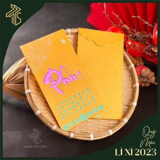 Bao vàng may mắn mừng thọ, đi lễ chữ Phúc trên nền giấy vàng họa tiết màu tím nhũ lạ mắt sang trọng dập nổi 3D cao cấp