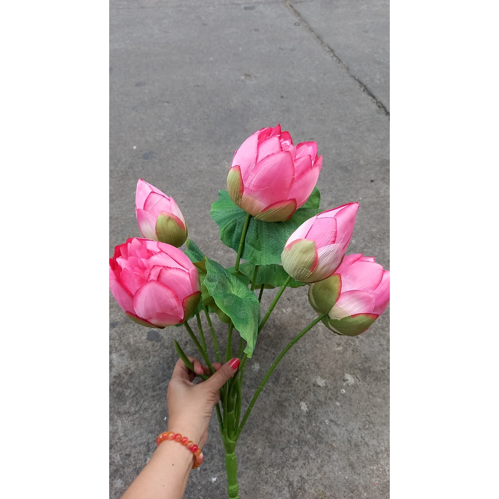 1 Bụi sen đại giả 3 bông 2 nụ 4 lá 60cm - Hoa giả - Hương Flower