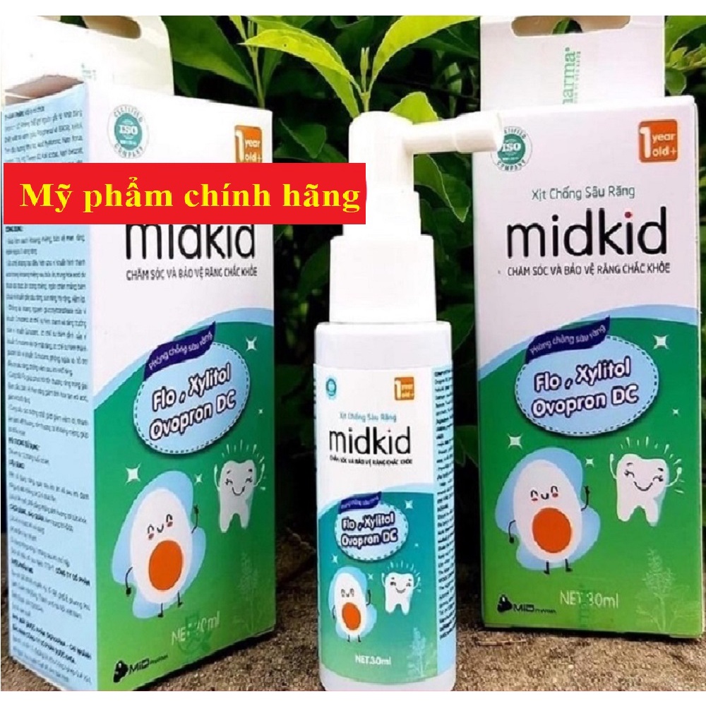 Xịt chống sâu răng Midkid cho bé từ 1 tuổi giúp làm sạch và bảo vệ men răng, ngăn ngừa mảng bám ố vàng, viêm lợi, hà mủn
