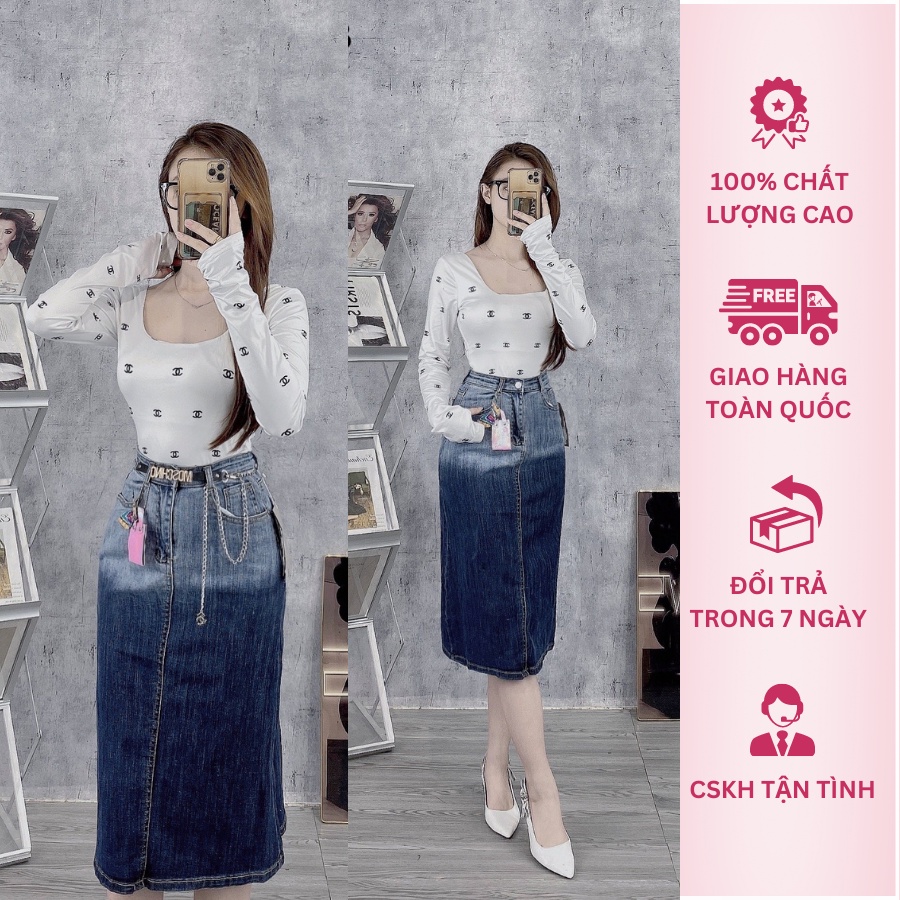 Chân Váy Jean Nữ OMBER Loang Cạp, Váy Jean Xẻ Sau Co Giãn 6378