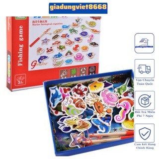 Combo 5 bộ câu cá gỗ-bộ đồ chơi câu cá gỗ vui nhộn có nam châm siêu hút dính cá sinh vật ngoài biển