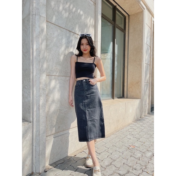 Chân váy jean dài xẻ cá tính đen xám LUCETFASHION Domi Jean Skirt