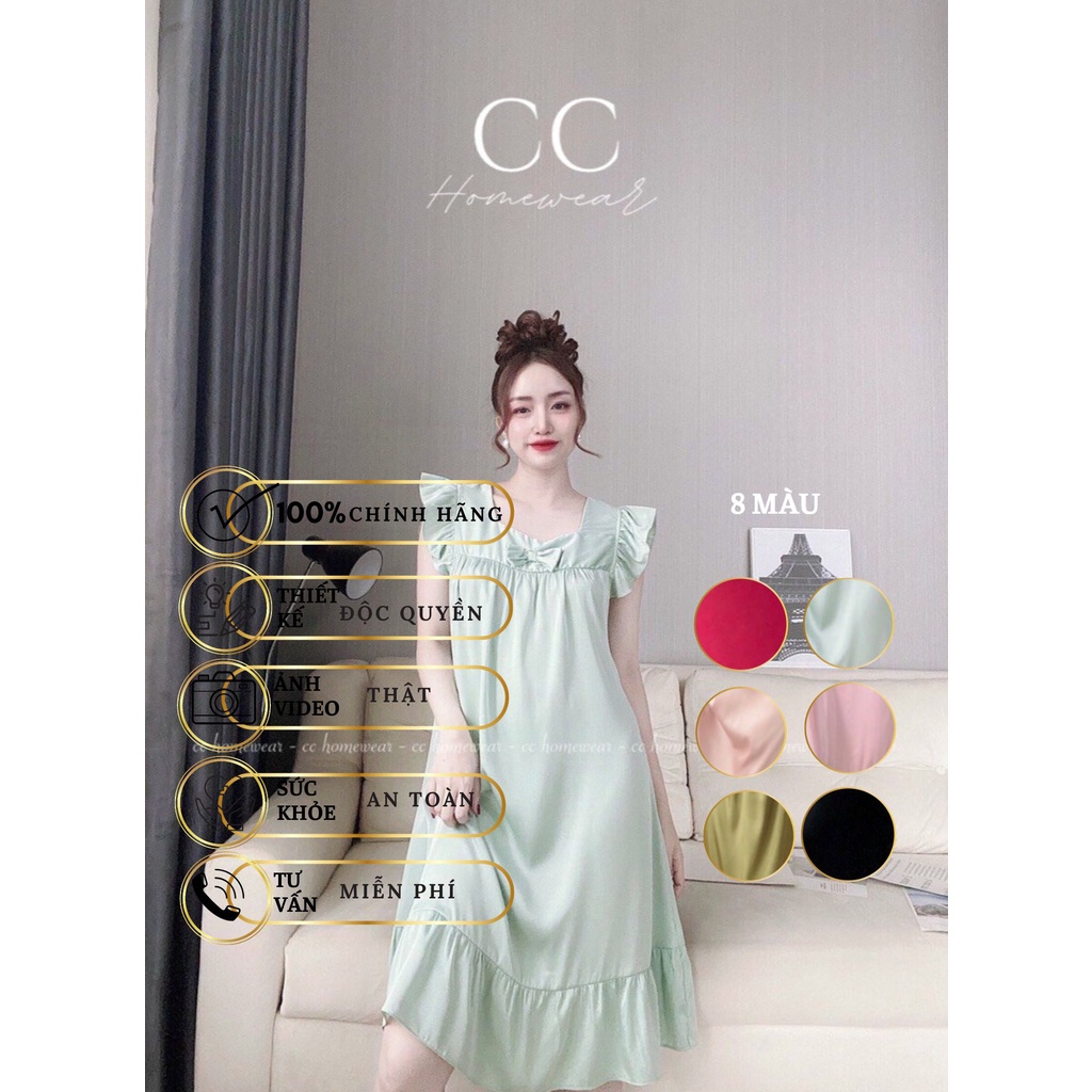 Đầm ngủ lụa cánh tiên có nơ cao cấp thương hiệu CC HOMEWEAR