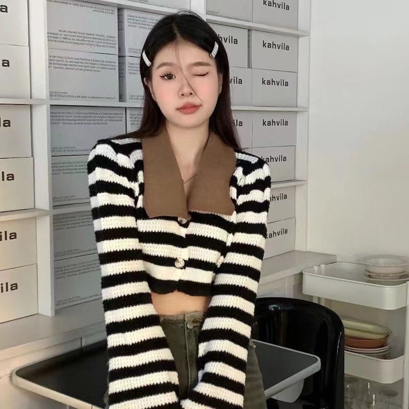 Áo ZHELIHANGFEI dệt kim tay dài cổ polo lưng cao kẻ sọc thiết kế quyến rũ cho nữ