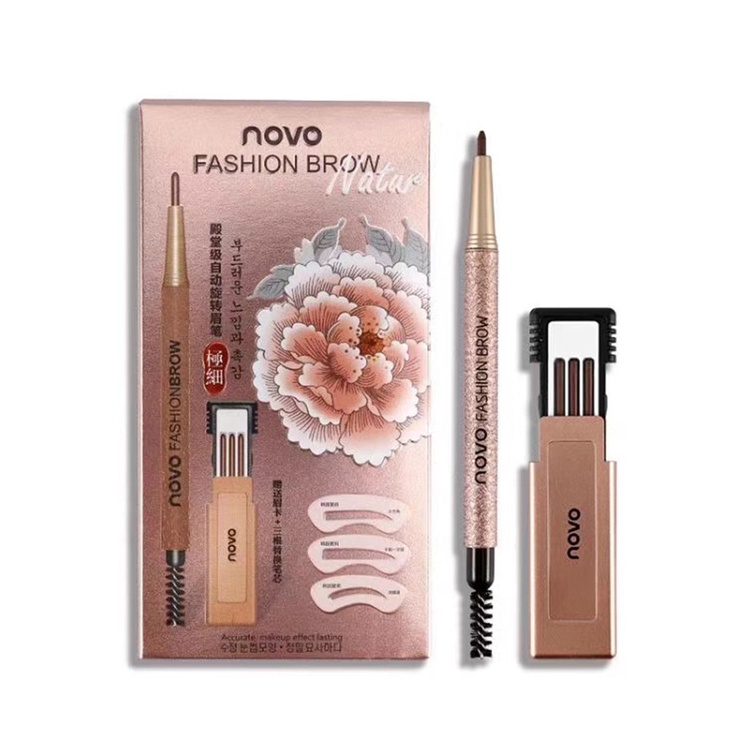 Bút Chì Kẻ Lông Mày Xoay Tự Động Kèm 3 Lõi Thay Thế Và 3 Thẻ Vẽ Lông Mày Novo