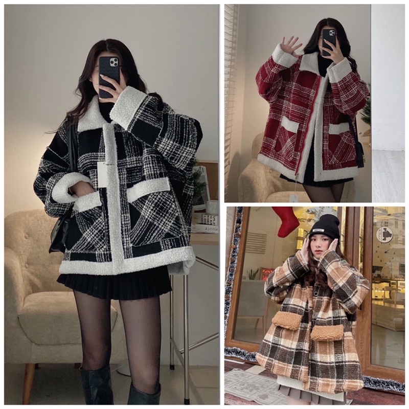 Áo khoác dạ kẻ lót bông ulzzang cổ bẻ phối màu dáng rộng cho nữ áo khoác mùa đông phong cách Hàn Quốc (kèm ảnh thật)