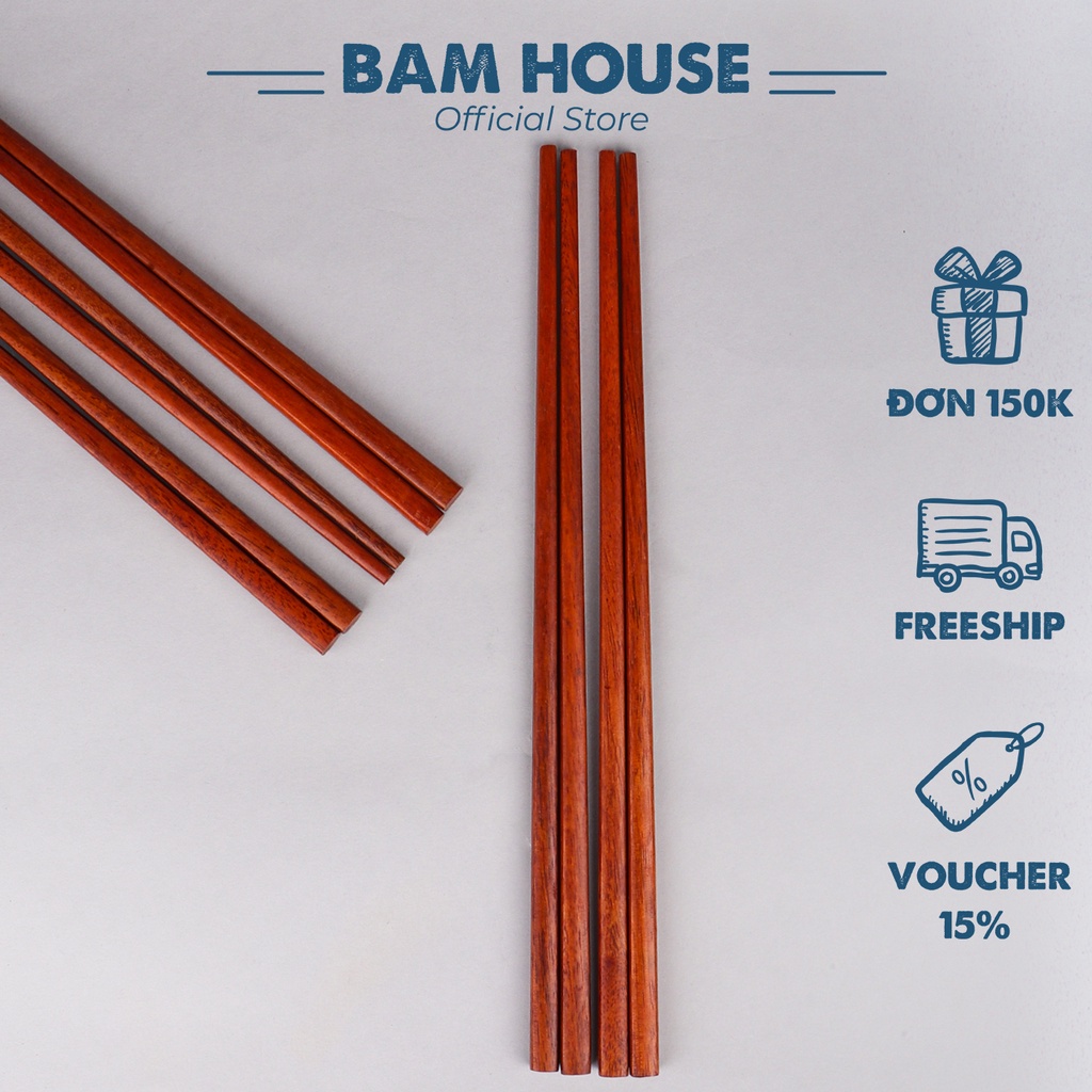 Bộ 10 đôi đũa gỗ Cẩm Hồng loại 1 Bam House vân gỗ tự nhiên đã phủ bóng cao cấp DGCH02