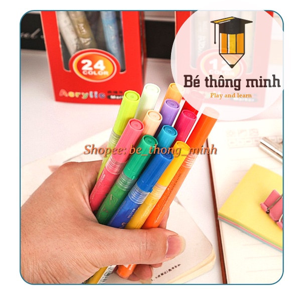 Hộp 12 cây bút acrylic đủ màu/hộp acrylic không phai nhiều màu viết trên nhiều chất liệu (nhựa, kính, vải, sứ,..)