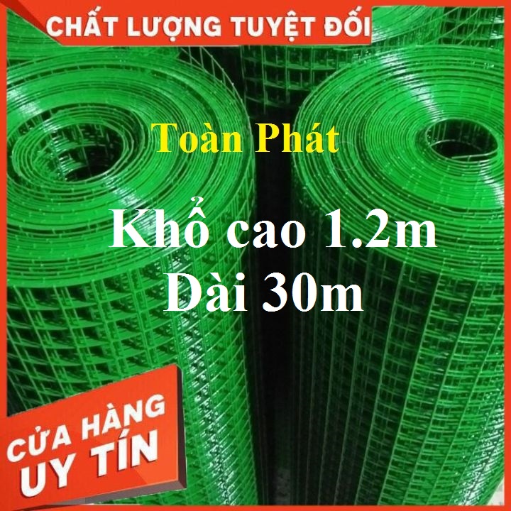 ( Khổ cao 1.2m x Dài 30m ) Cuộn lưới sắt bọc nhựa mắt lưới màu xanh, ô vuông rộng 1.2cm, 2cm
