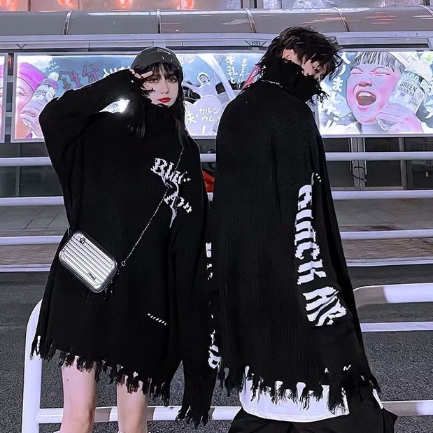 Áo Sweater Dệt Kim In Chữ Rách Cá Tính áo sweater nam Phong Cách Hàn Quốc áo len cổ tròn Nam Nữ thời trang áo sweater form rộng