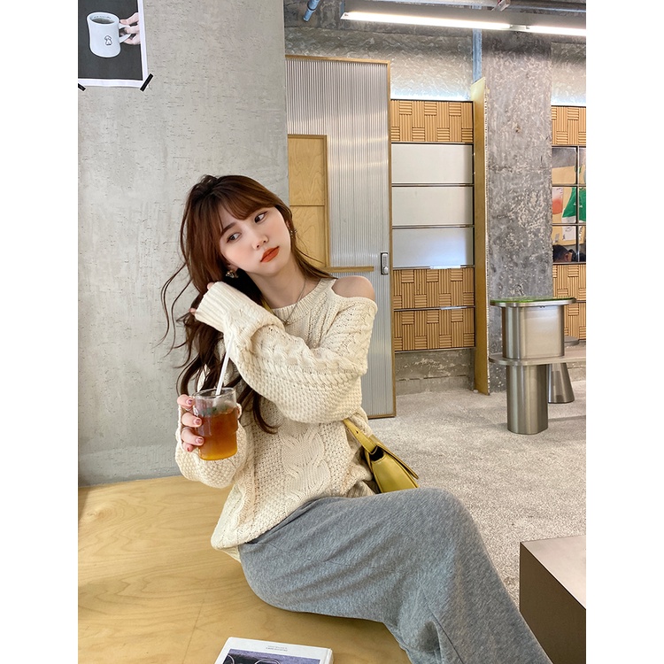 ZHELIHANGFEI Áo Sweater Dài Tay Trễ Vai Xinh Xắn Theo Phong Cách Pháp