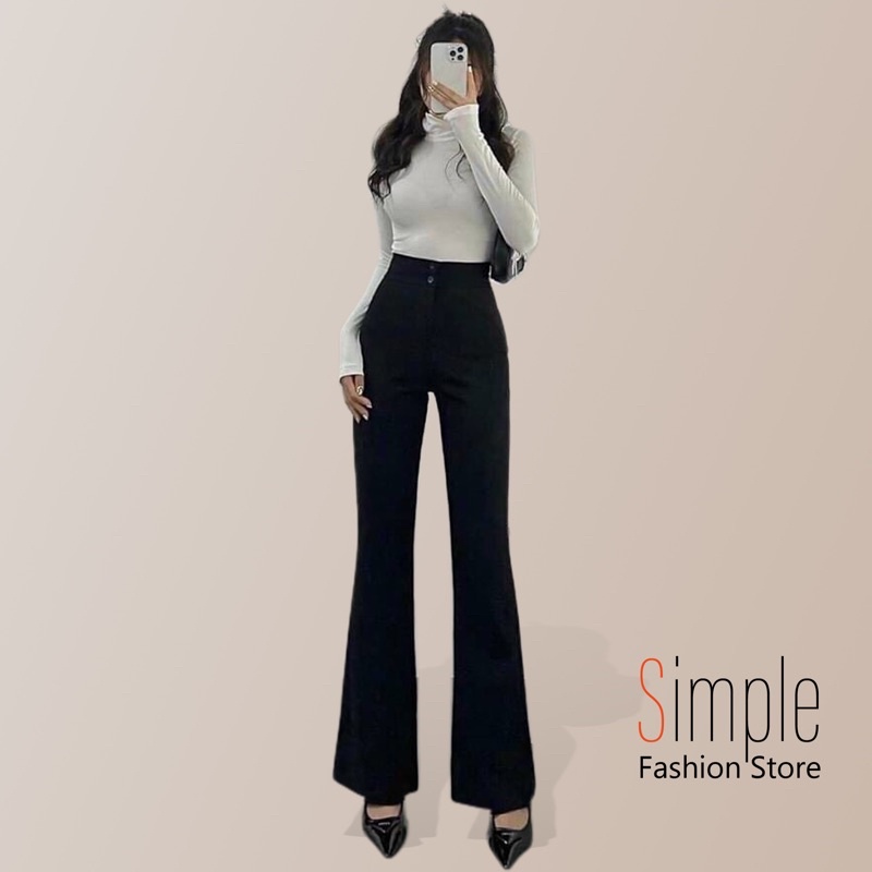 Quần ống loe Simple lưng cạp cao 2 cúc baggy vải nữ dài suông loe culottes màu đen nâu