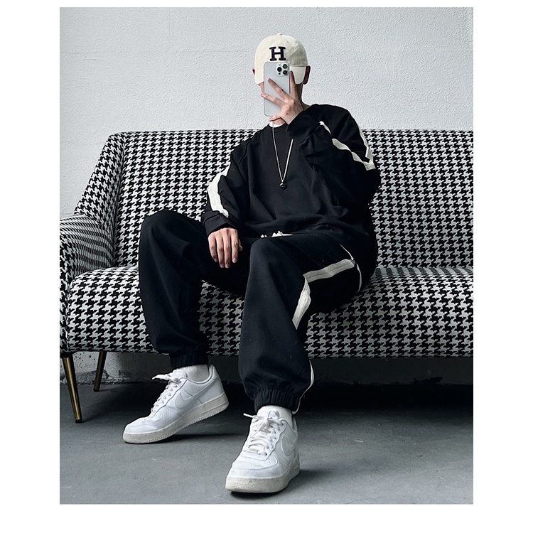 Bộ Thể Thao Cổ Tròn Nam Phối Sọc Kẻ Trơn, Nỉ Ngoại 100% Dày Dặn Fom Rộng Sành Điệu Hot Trend Mùa Đông 2023