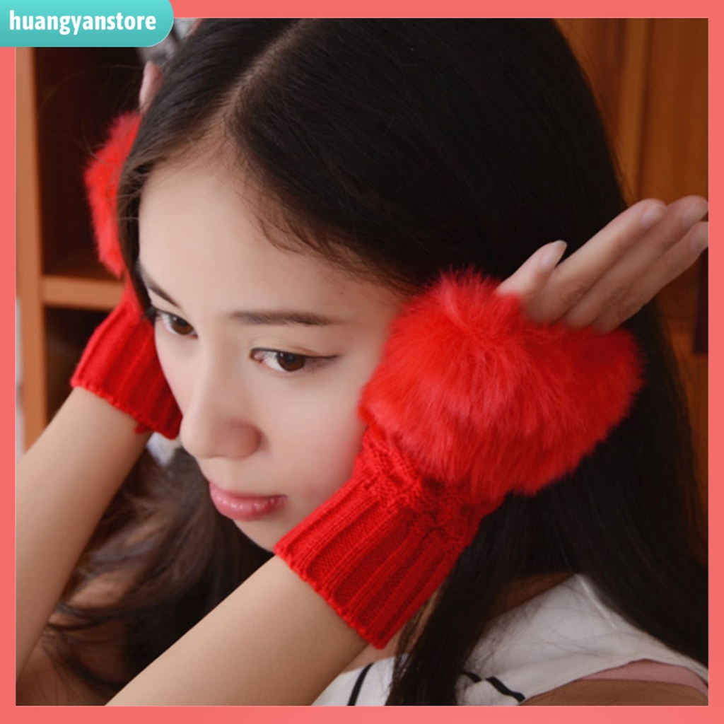 HY| 1 Đôi Găng Tay Dệt Kim Hở Ngón Giữ Ấm Mùa Đông Cho Nữ