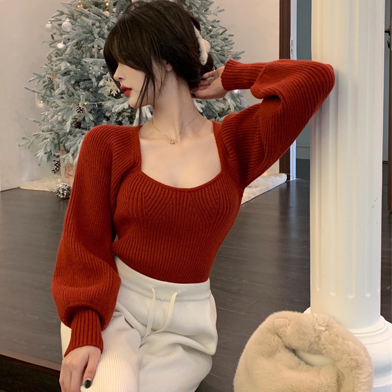 【kamy】💖Áo Sweater Dệt Kim Tay Dài Cổ Vuông Dáng Ôm Thiết Kế Đơn Giản Quyến Hàn Quốc thời trang cho nữ 4 màu tùy chọn