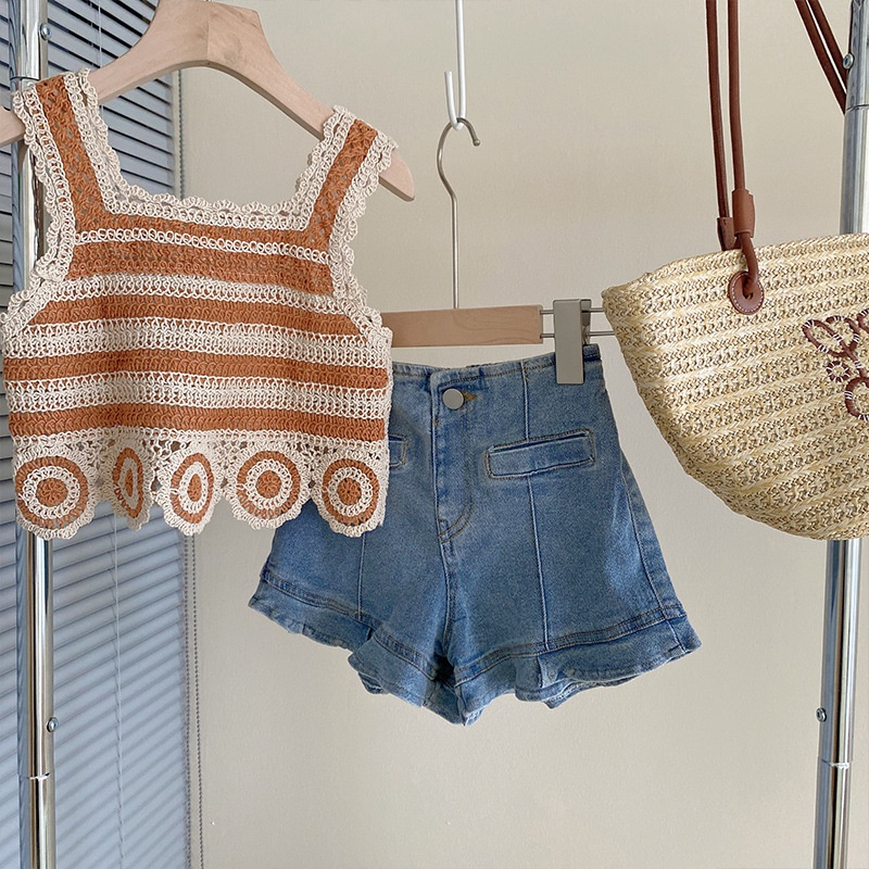 Set Áo Hai Dây Dệt Kim + Quần Short Denim Phong Cách Hàn Quốc Thời Trang Mùa Hè Cho Bé Gái
