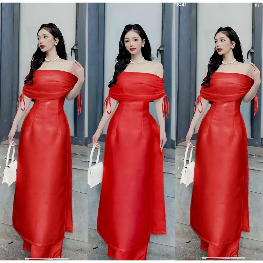 Set bộ áo dài đỏ trễ vai sang chảnh - Mua bộ áo dài mặc tết đẹp