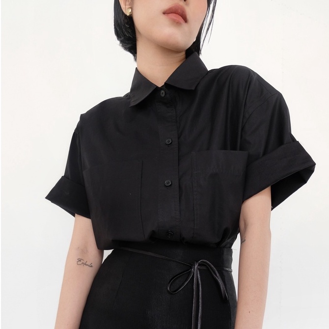 /ou'ba:d/ - ÁO SƠMI ĐEN tay ngắn, form oversize basic nam nữ S/M