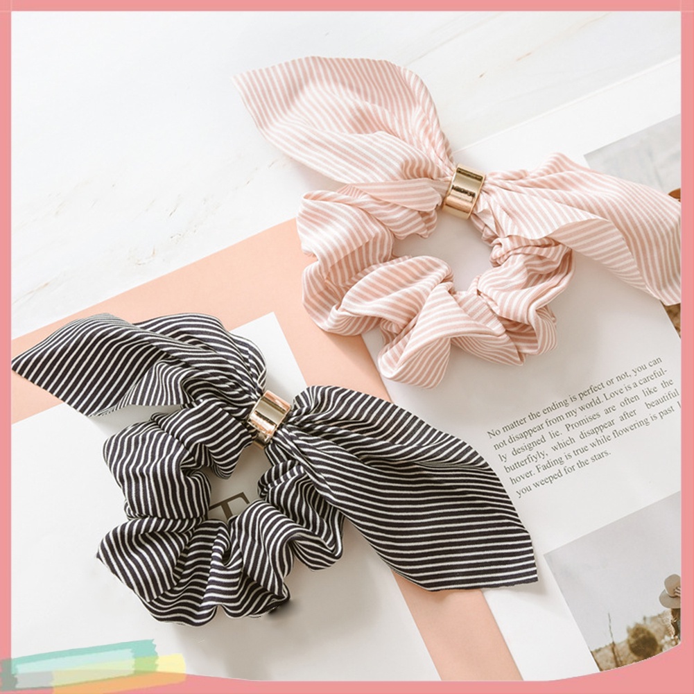 Dây buộc tóc đính tai thỏ và sọc hợp thời trang