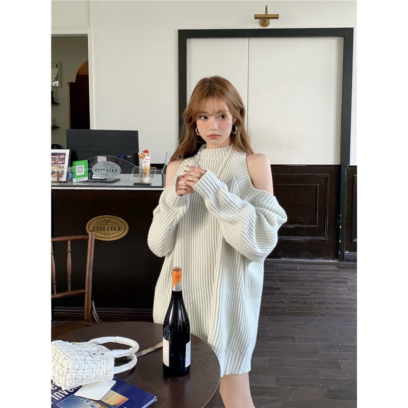 Half-turtleneck off-shoulder sweater women's autumn and winter design sense mid-length loose outerwear sweater top