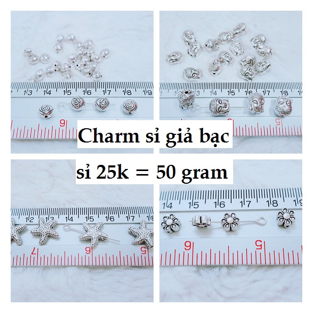 Charm giả bạc xỏ ngang ( đầu phật , hoa sen , sao biển , hoa 6 cánh ) giá 25k = 50 gram [ sỉ 1kg = 400k - liên hệ ]