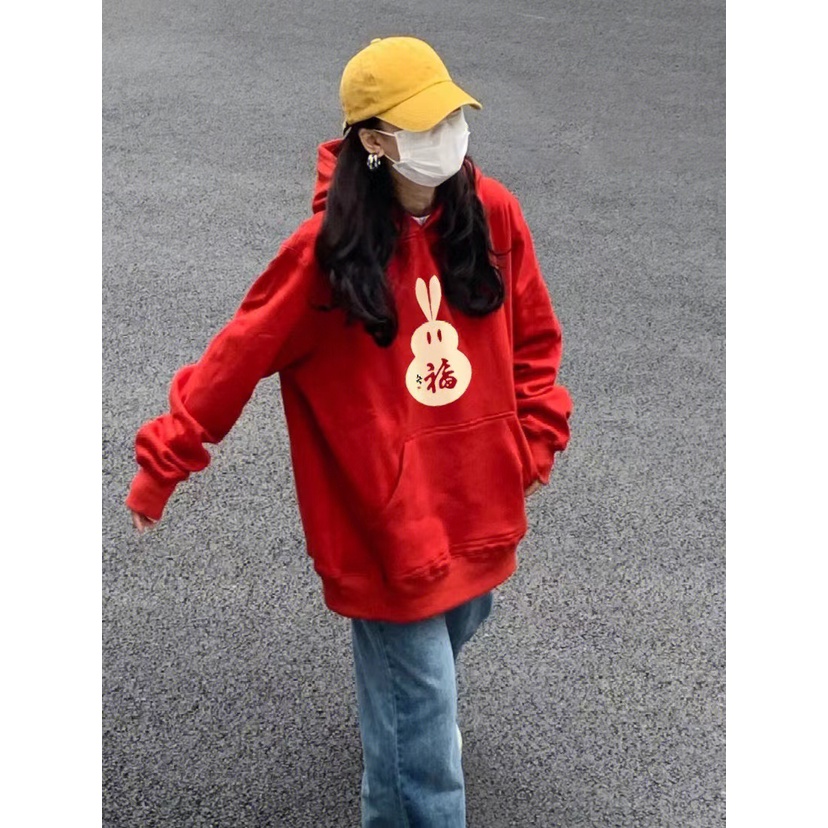 NRVP Áo Thun Nỉ Tay Dài In Hình Thỏ Năm Mới 2023 Phong Cách Hàn Quốc Thời Trang Mùa Đông Cho Nữ