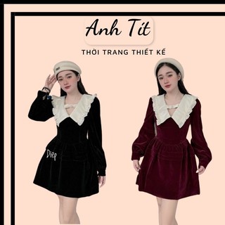 Váy Nhung Tiểu Thư Hàng Thiết Kế Chất Dày Dặn Kèm Cúc Ngọc, Đầm Nhung Hai Màu Chất Mềm Mịn Tôn Dáng - Anh Tít Boutique