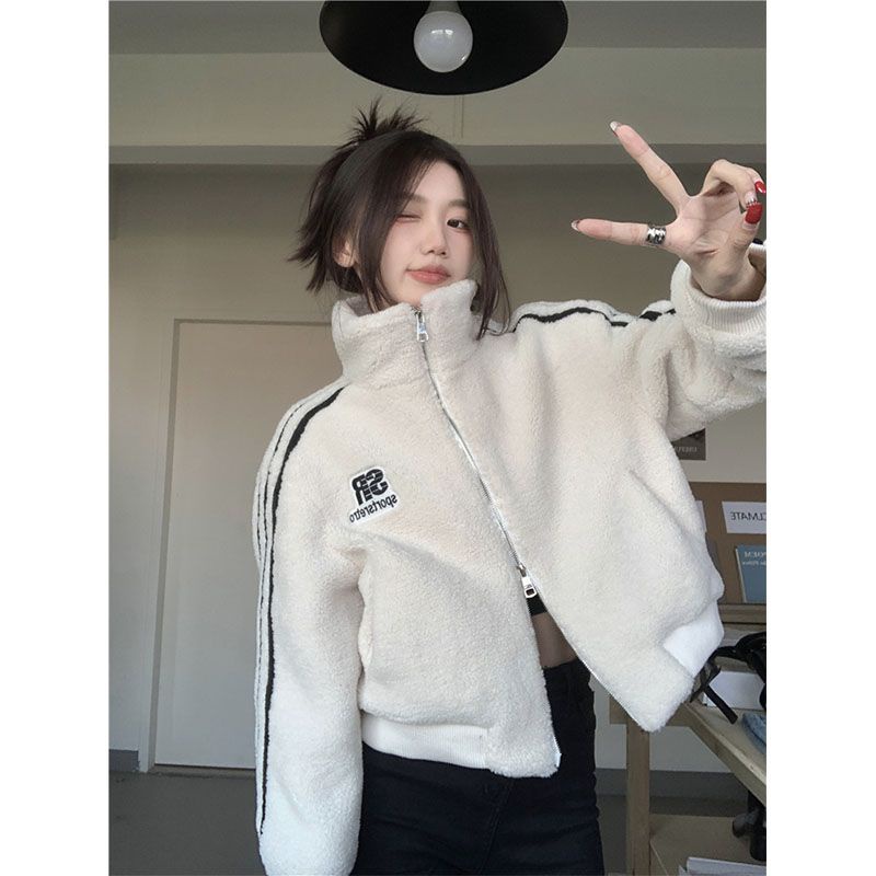 Áo khoác COZOKC tay dài cổ đứng phối khóa kéo in chữ phối màu tương phản thời trang