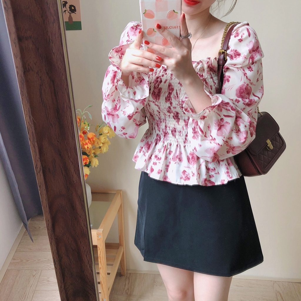 Áo sơ mi hoa ZHELIHANGFEI tay dài ôm eo gợi cảm xinh xắn