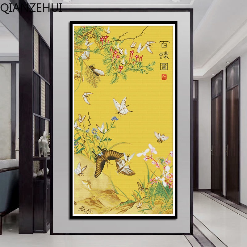 Bộ Tranh Thêu Chữ Thập 11CT DIY Hình Hoa Bướm Chất Liệu Cotton Phong Cách Hiện Đại