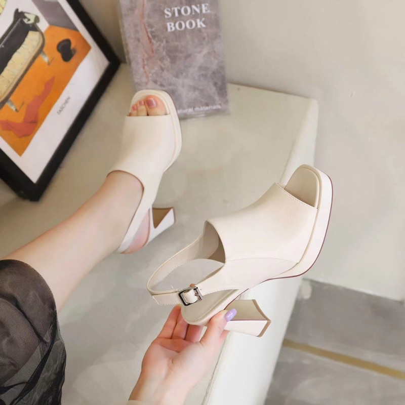 Sandal quai ngang bản to da thật gót trụ fullbox hàng quảng châu cao cấp