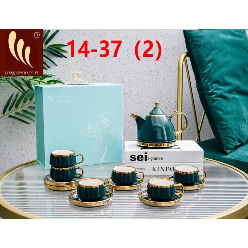 Bộ ấm trà(Bộ Ấm chén)xanh cổ vịt,viền vàng 12k,men cao lanh cao cấp,men sáng bóng,viền vàng cực sang trọng,giao hàng an