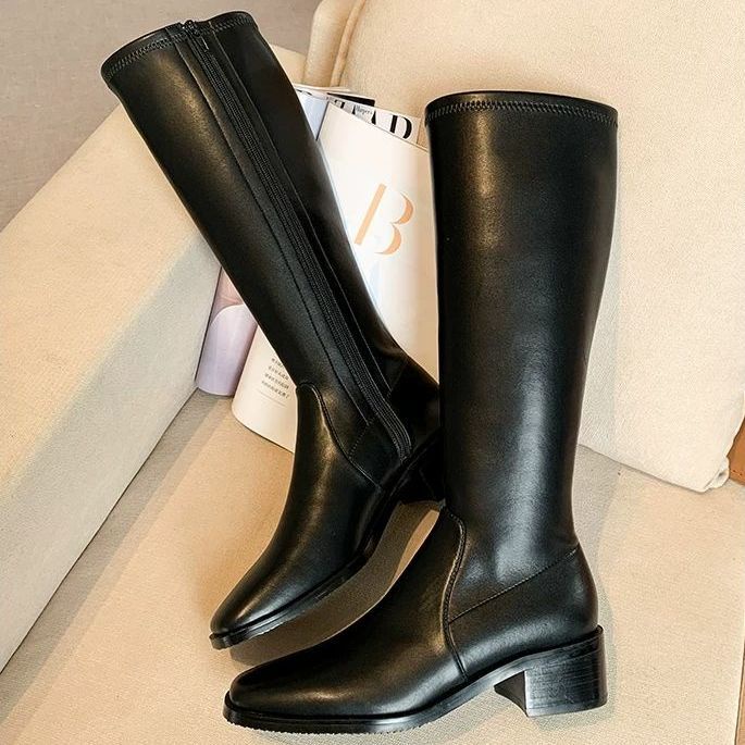 Giày Bốt Cao Gót 4.5cm Đế Dày Mũi Vuông Phối Khóa Kéo Bên Sành Điệu