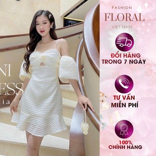 Đầm xốp rớt vai FLORAL DESIGN nữ trắng  dáng ngắn tiểu thư