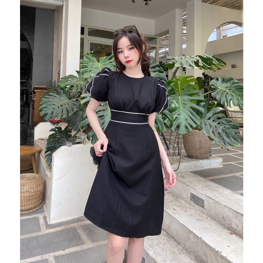 Đầm đen dự tiệc sang trọng dáng xòe tay phồng thiết kế cao cấp đẹp eo tôn dáng che bụng đi tiệc đi làm – Lux W