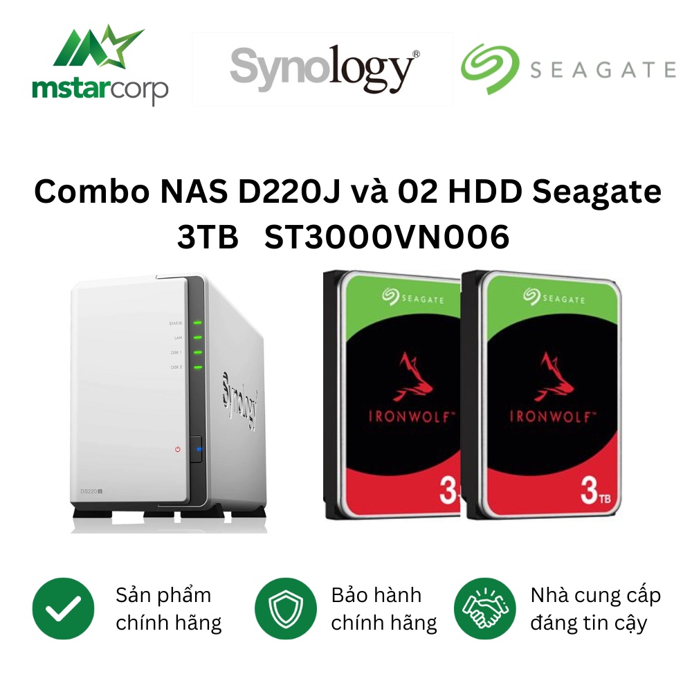 Combo Thiết bị lưu trữ NAS DS220J và 02 Ổ cứng HDD Seagate Ironwolf 3TB