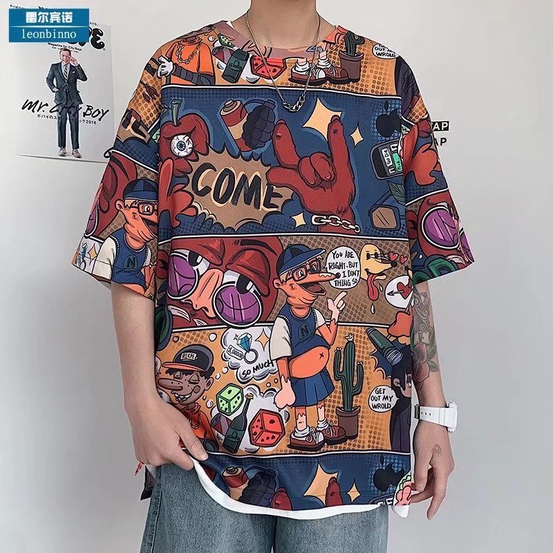 Áo Thun Tay Ngắn Dáng Rộng In Hoạt Hình Kiểu Hip-Hop Đường Phố Hàn Quốc Cá Tính Cho Nam