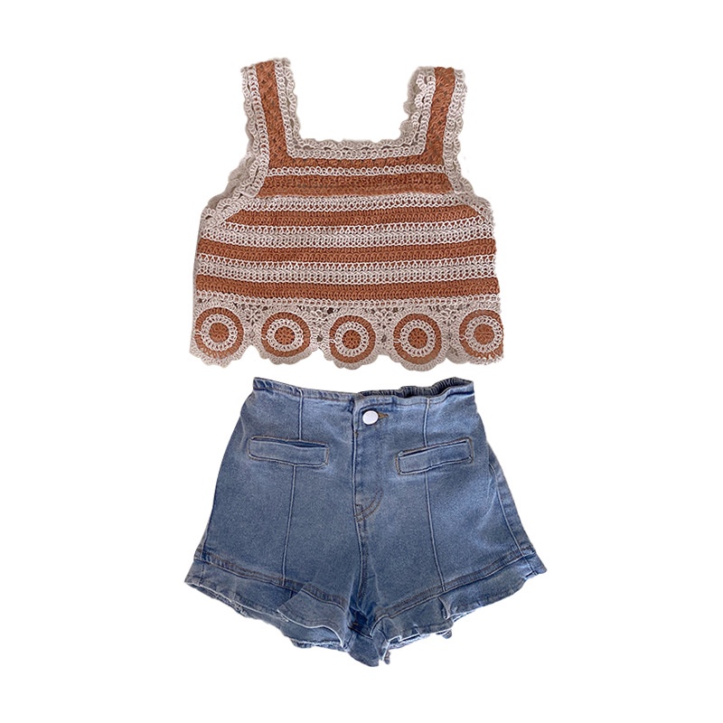 Set Áo Hai Dây Dệt Kim + Quần Short Denim Phong Cách Hàn Quốc Thời Trang Mùa Hè Cho Bé Gái