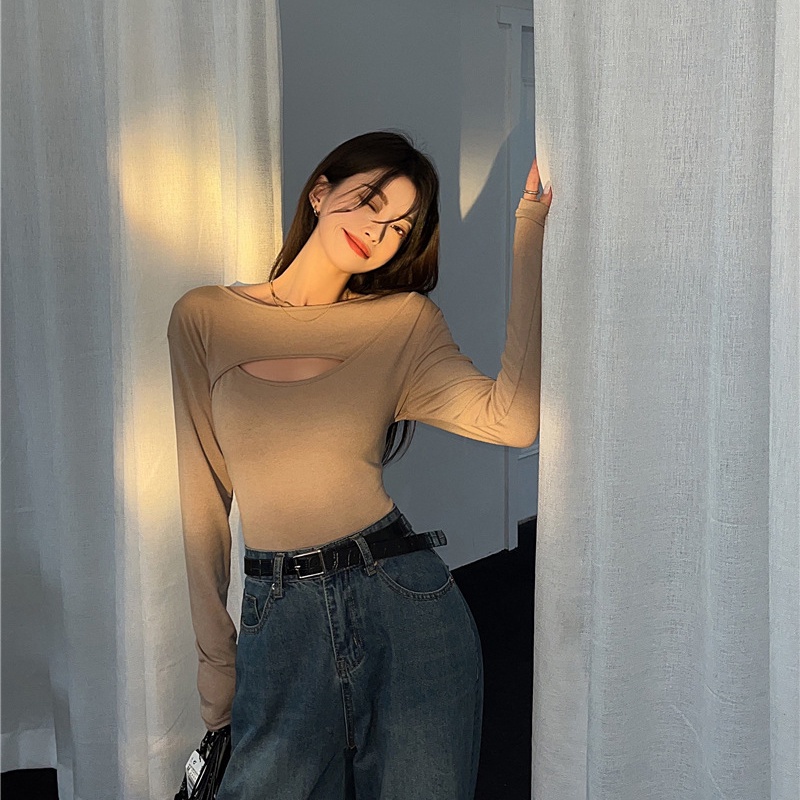 IELGY Áo Thun Tay Dài Màu Trơn Dáng Ôm Khoét Lỗ Cá Tính Cho Nữ Màu Sắc