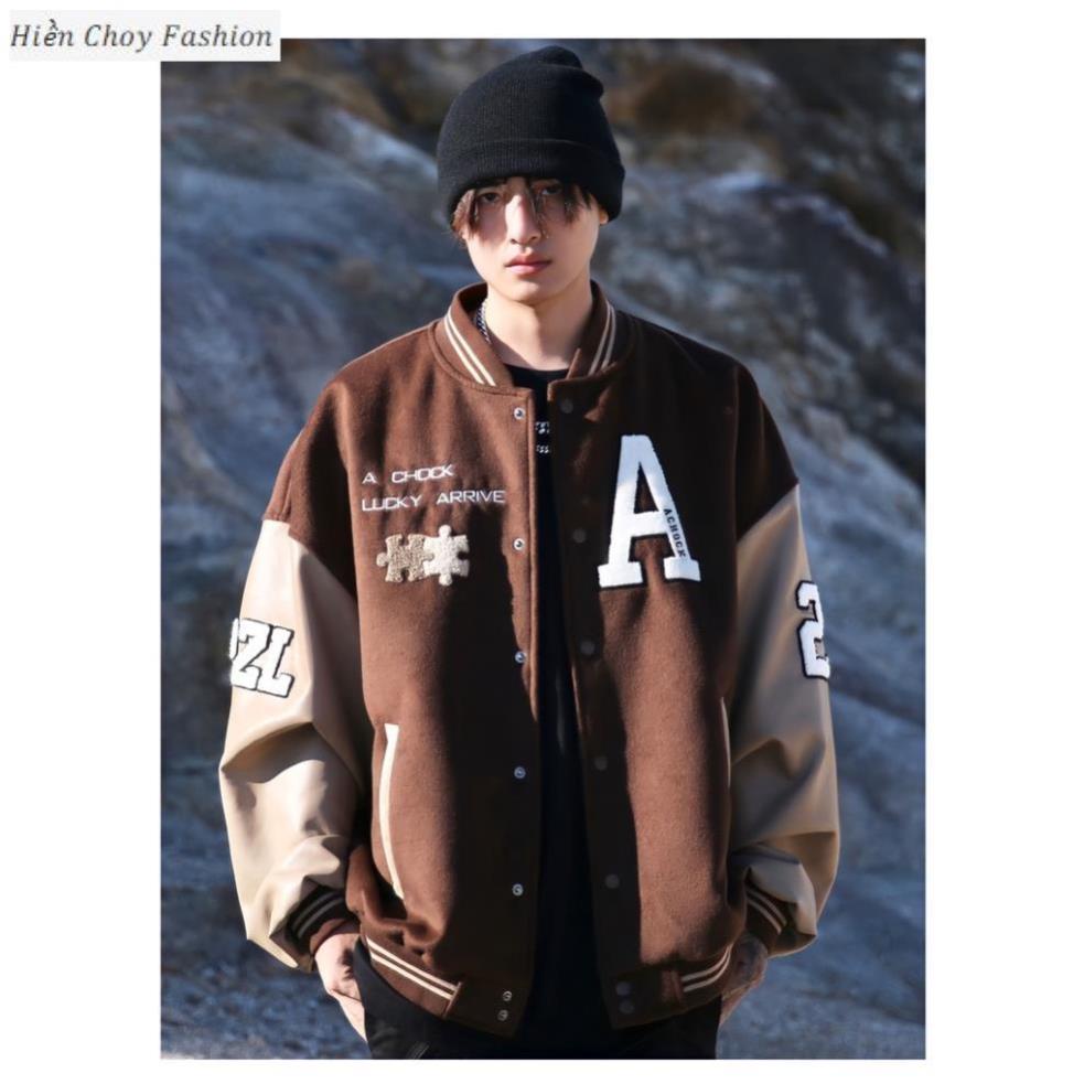 Loại 1 Áo Bomber Nỉ Unisex A23 Tay Phối Màu Dáng Rộng Tay Bo - Áo Khoác Màu Nâu Thêu Chữ G0319