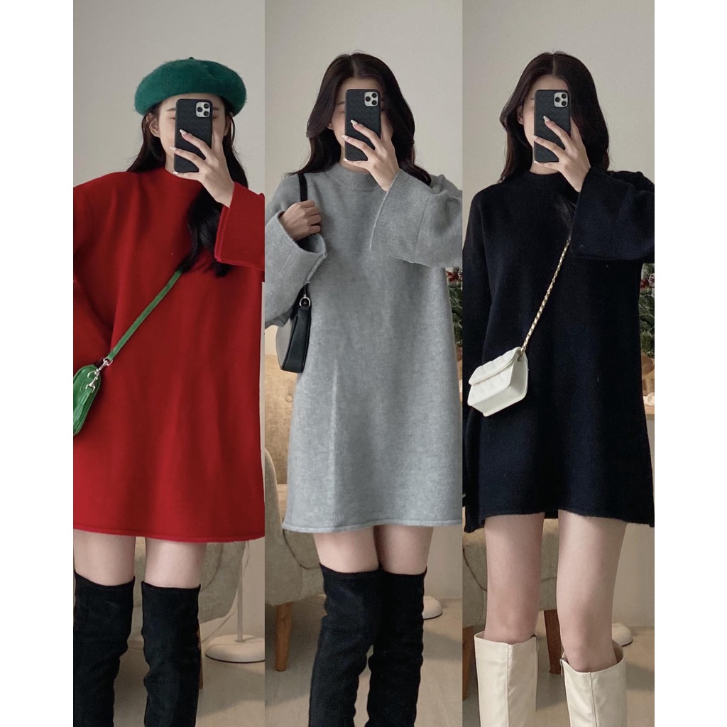 Áo len dáng dài cổ tròn len mịn tay loe basic ulzzang - Made by Fiin