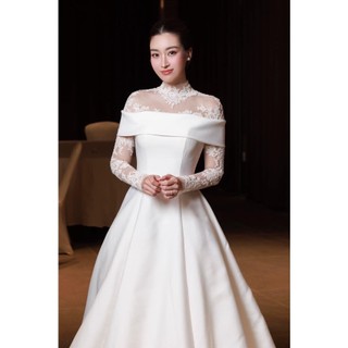 Đầm váy dạ hội, cô dâu đi bàn phối ren thêu ôm cổ tay dài
