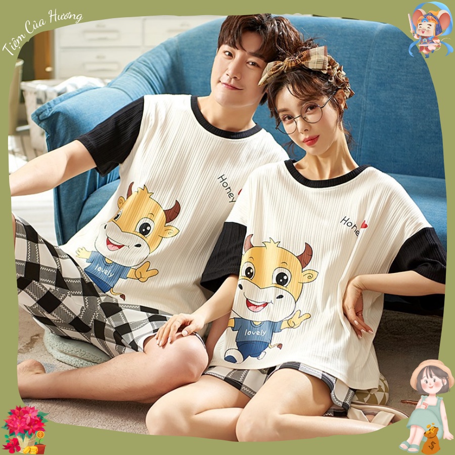 Bộ đồ ngủ cặp thun cotton ngắn tay quần đùi mềm mỏng thoải mái đồ ngủ pijama mặc nhà by Tiệm Của Hương