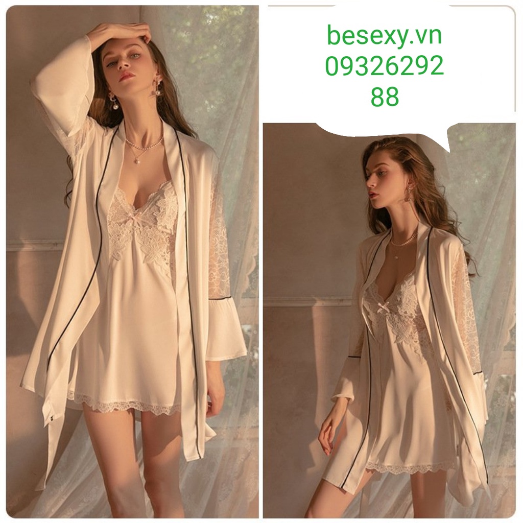 Váy ngủ lụa viền ren sang chảnh tặng kèm áo choàng lụa cao cấp nhiều màu BS-1170